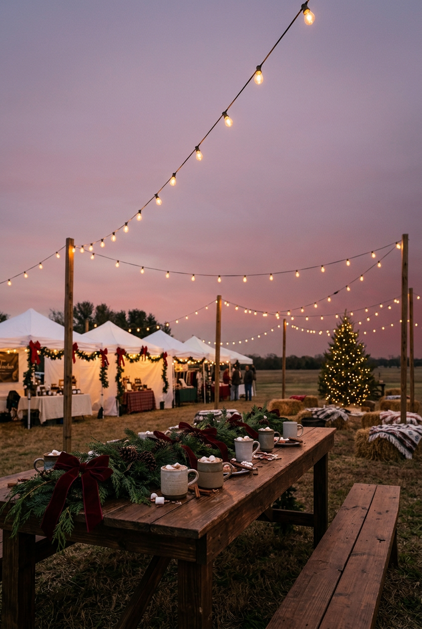 Holiday market at LaTerré Patieaux at dusk: a decorated table with mugs of hot cocoa, white market stalls, a lit Christmas tree, and strands of golden lights overhead