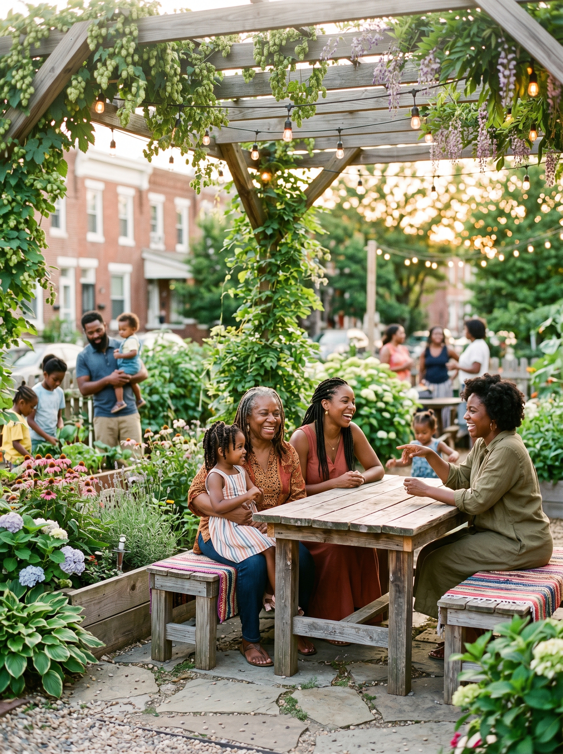 Black women resting together in a warm outdoor sanctuary garden at golden hour
