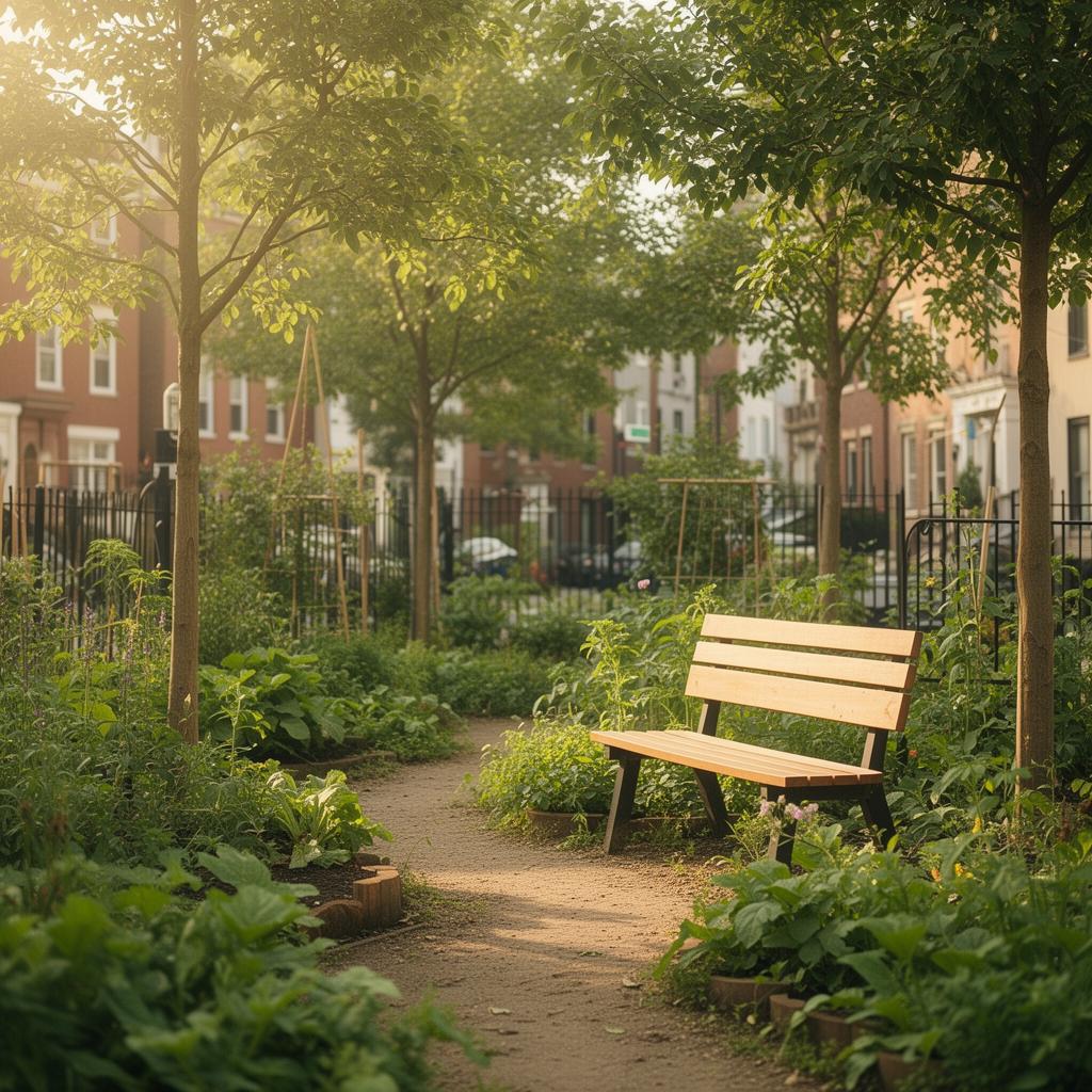 An accessible, tree-lined community green space in an urban neighborhood