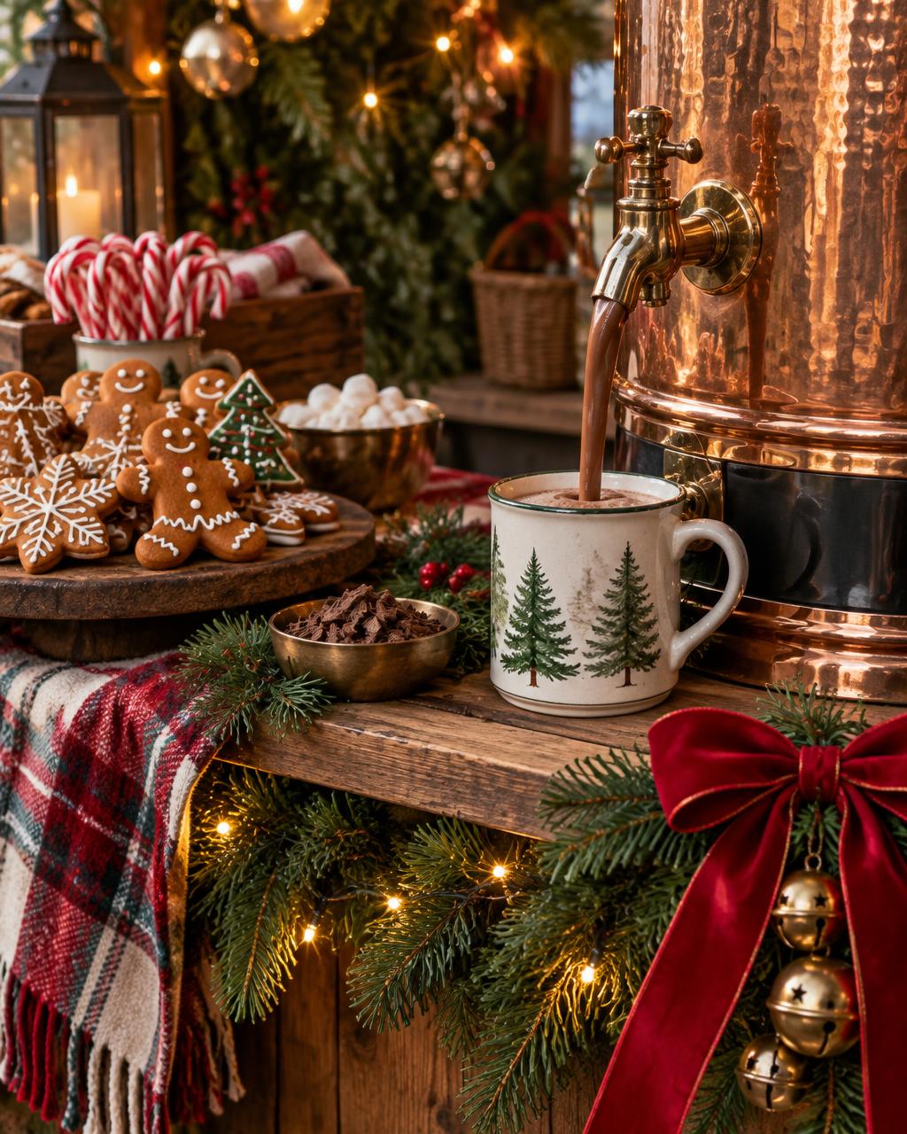 Illustration of holiday cocoa, gingerbread, and evergreen