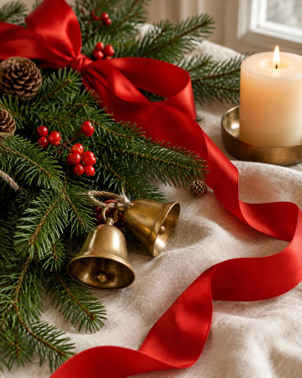 Christmas greenery and red ribbon beside candlelight
