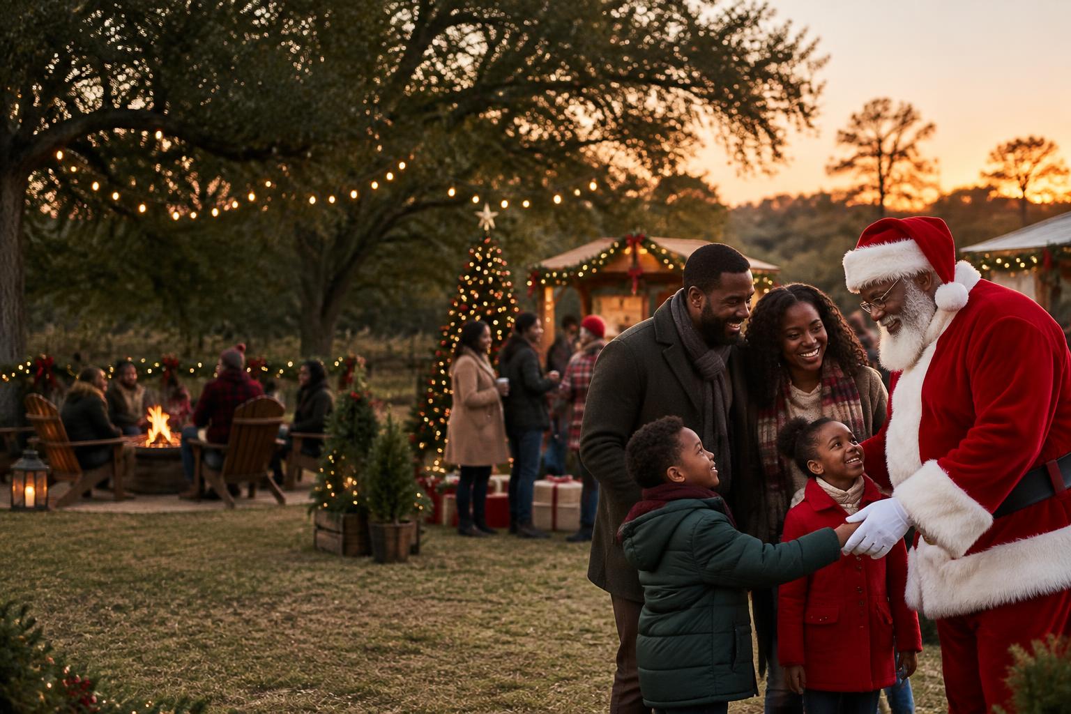 Illustration of a Black Santa greeting a family at an outdoor holiday gathering