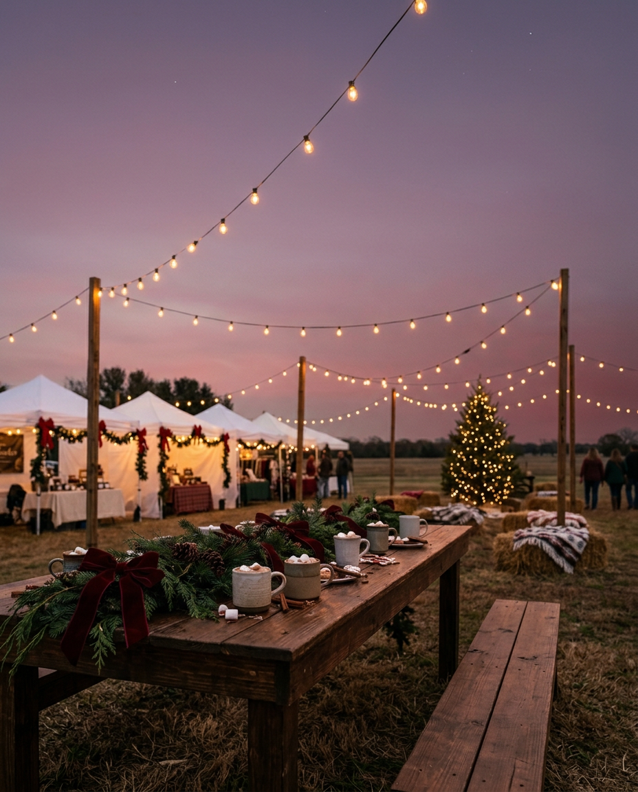 Open-air holiday market at dusk with string lights, vendor stalls, and a table dressed with pine and red bows