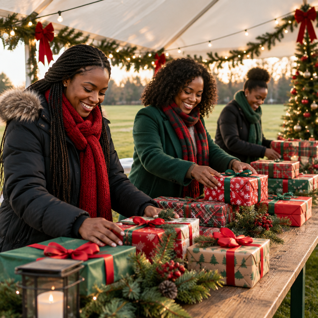 Illustration of volunteers preparing holiday presents at an outdoor event tent