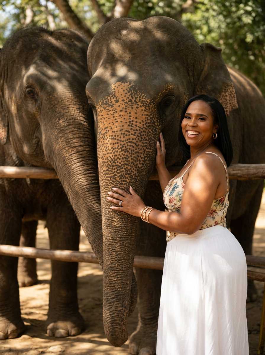 Tara and travelers on a Patieaux to Passport trip in Thailand, posing with elephants